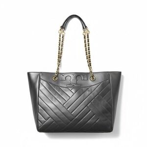 Tory Burch Alexa Quilted Leather Tote Bag Purse Black with Gold-Tone Hardware